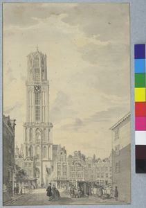 37096 Gezicht op de Domtoren te Utrecht vanuit de Zadelstraat, op het kruispunt met de Choorstraat en de Lijnmarkt, ...